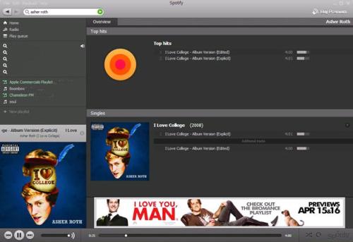 Spotify UI with "I Love You Man" banner ad
